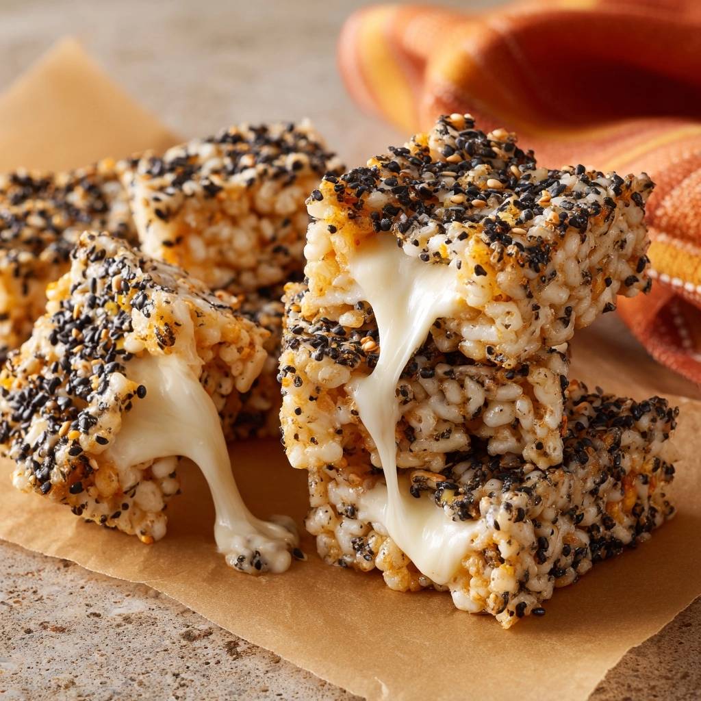 Soft black sesame marshmallow cereal treats revealing a gooey cheese pull in a close-up view.
