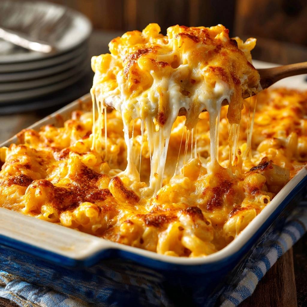 Southern baked mac and cheese with a cheesy pull, served hot from a blue baking dish.