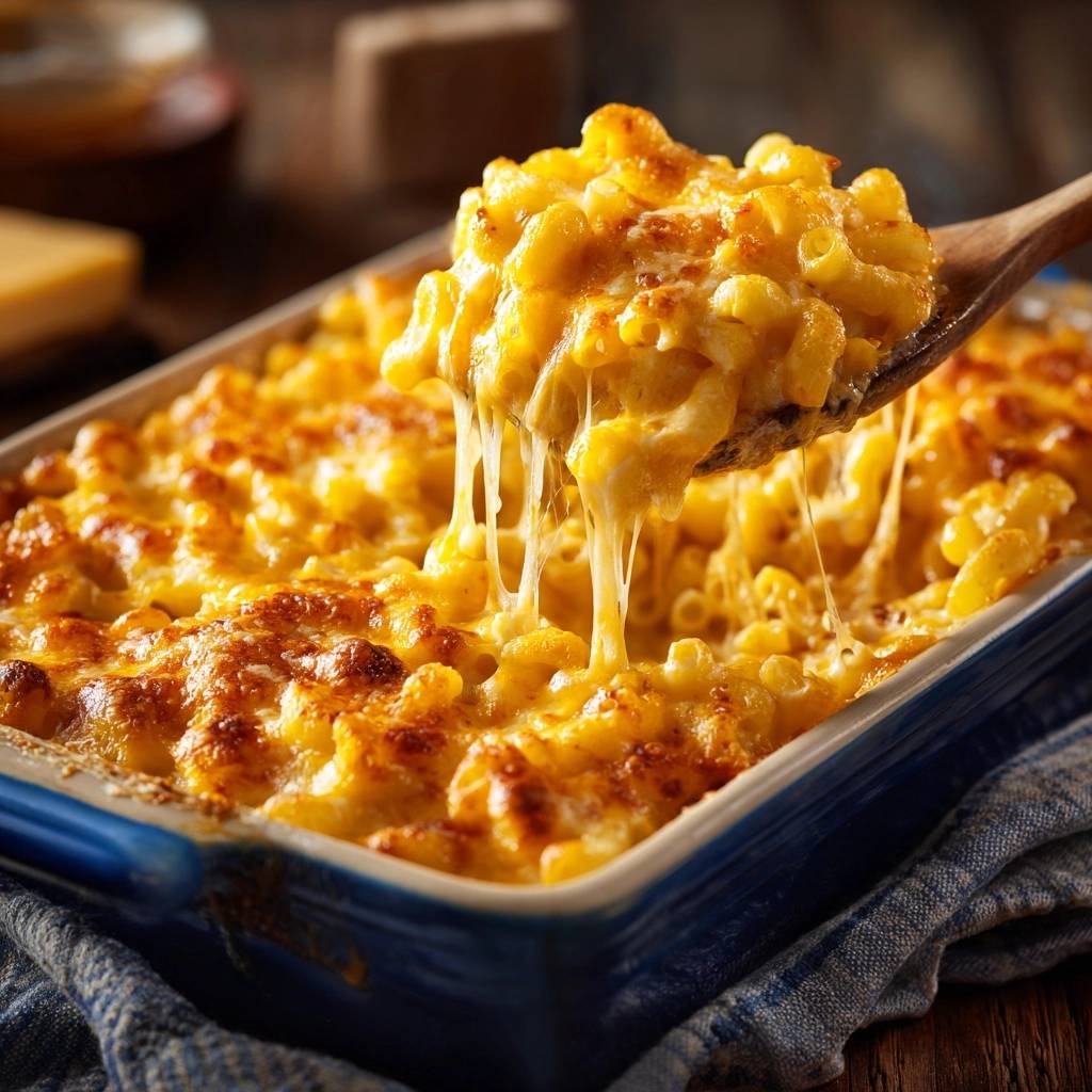 The ultimate Southern baked mac and cheese with a gooey cheese pull shown on a wooden spoon.