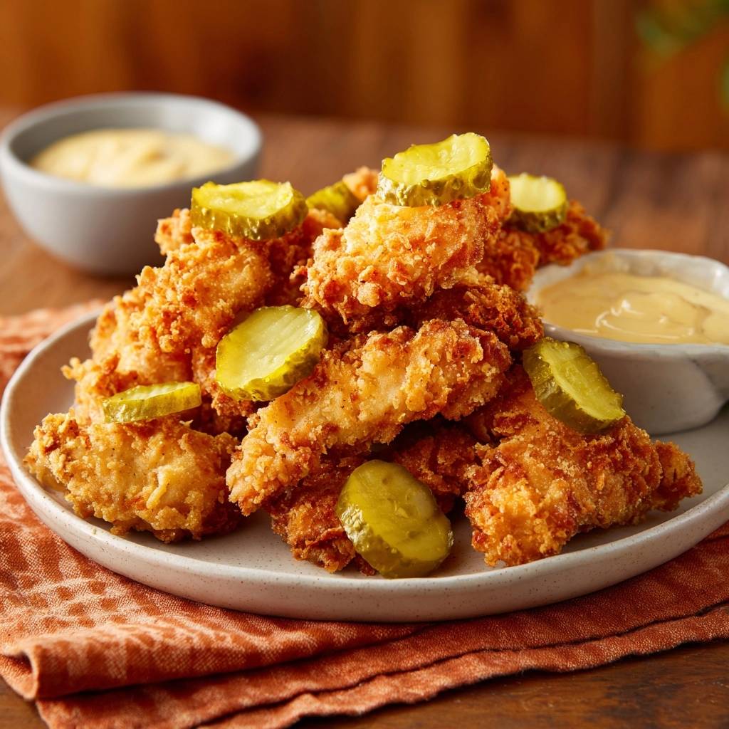 Southern fried chicken tenders with a craggy crust are garnished with pickle slices and served with dipping sauce.