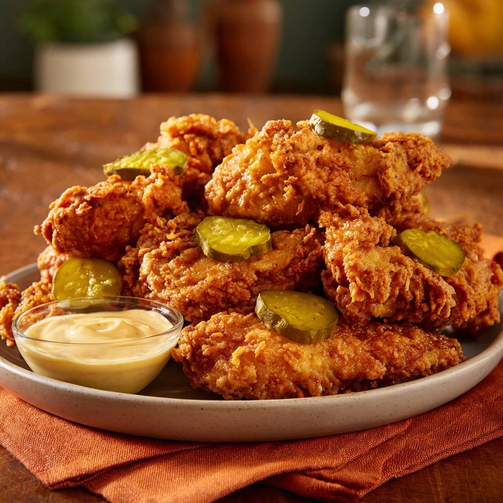 Southern fried chicken tenders with a craggy crust are served with a side of dipping sauce on a plate.
