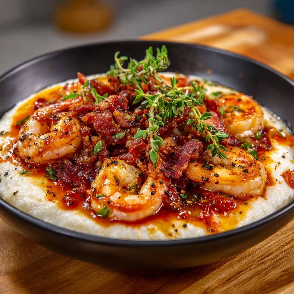 Southern style shrimp and grits featuring plump shrimp, crispy bacon, and fresh thyme garnish in a black bowl.