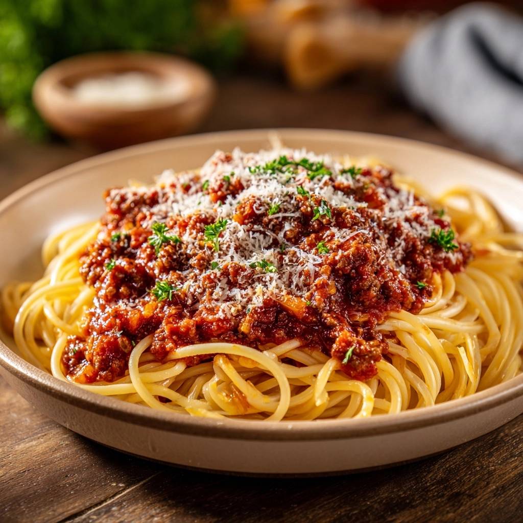 Classic spaghetti bolognese with a thick, meaty ragu topping generously sprinkled with grated parmesan cheese.
