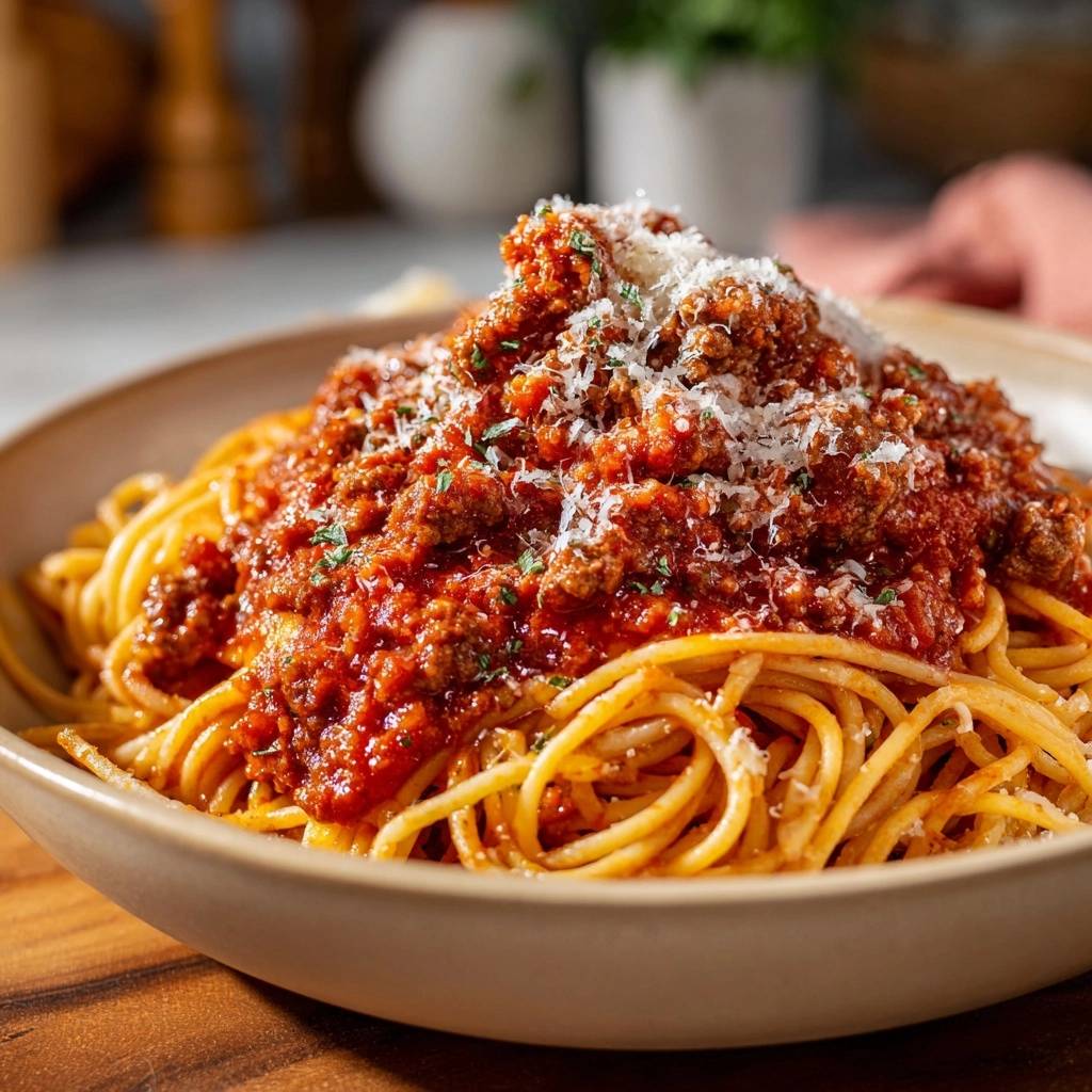 Classic spaghetti bolognese with a thick, meaty ragu topping generously sprinkled with grated cheese.