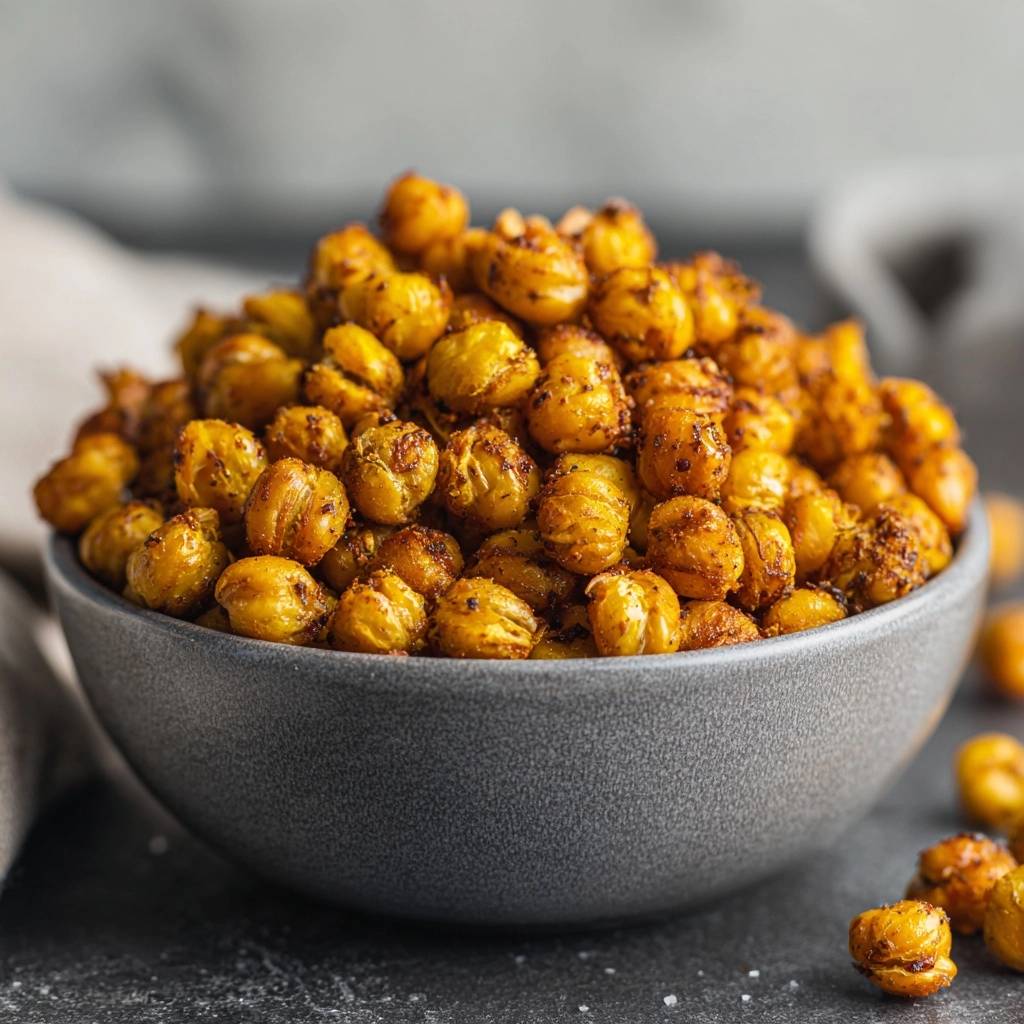 Spiced roasted chickpeas in a grey bowl, showcasing their textured, seasoned surfaces and a close-up view of their roasted exterior.