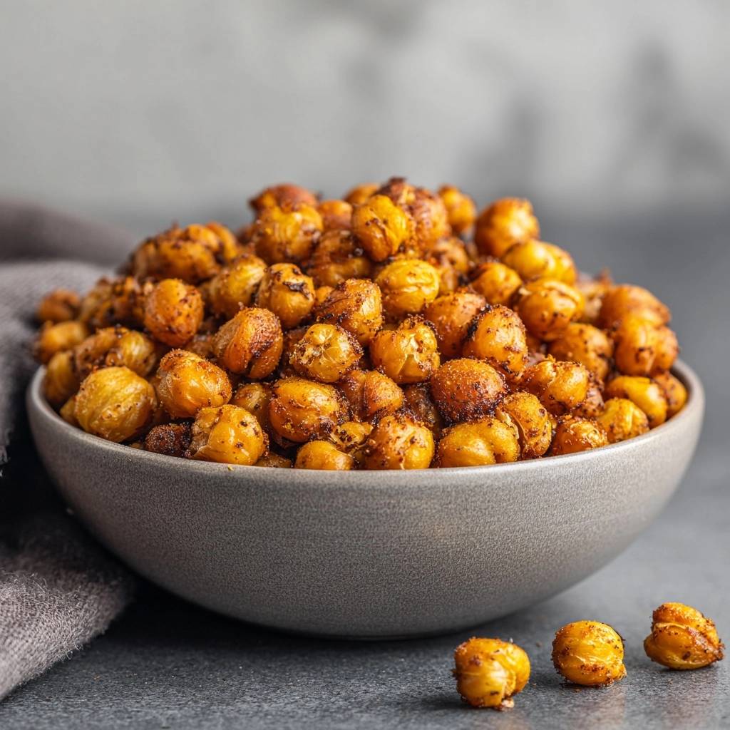 Spiced roasted chickpeas served in a grey bowl, with a close-up view of the textured seasoning.
