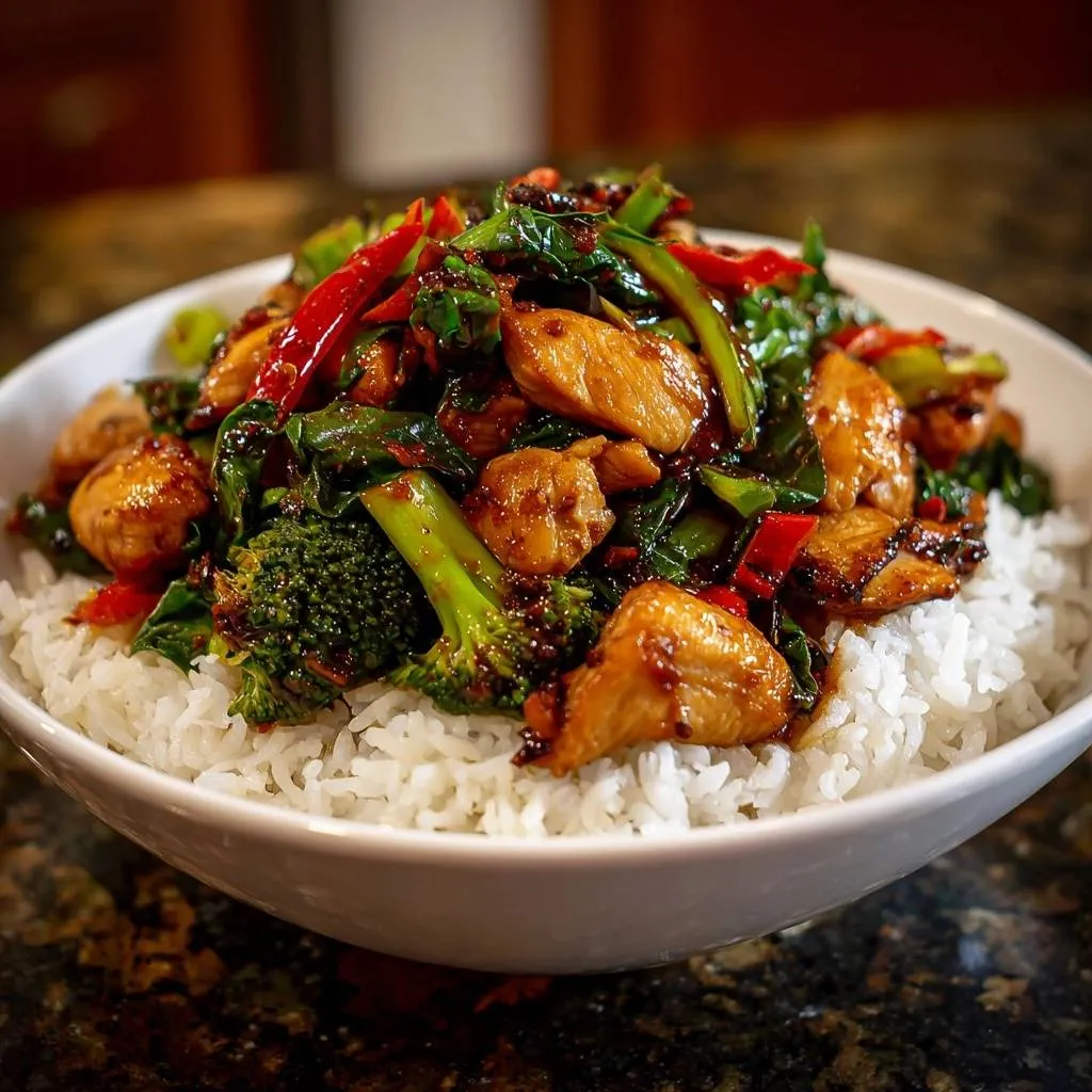 Spicy garlic chicken and broccoli stir-fry served in a white bowl over white rice, captured from an overhead view.