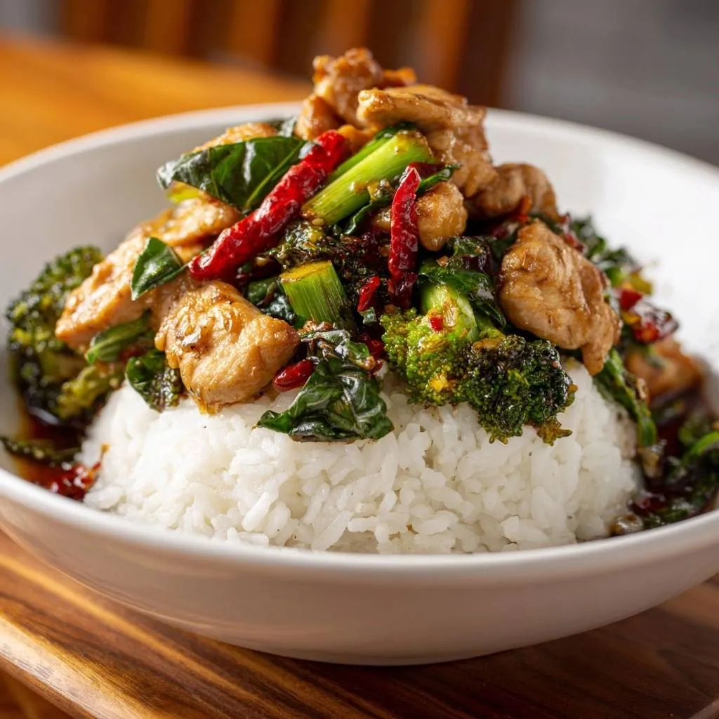 Spicy garlic chicken and broccoli stir-fry served over a mound of white rice in a bowl.