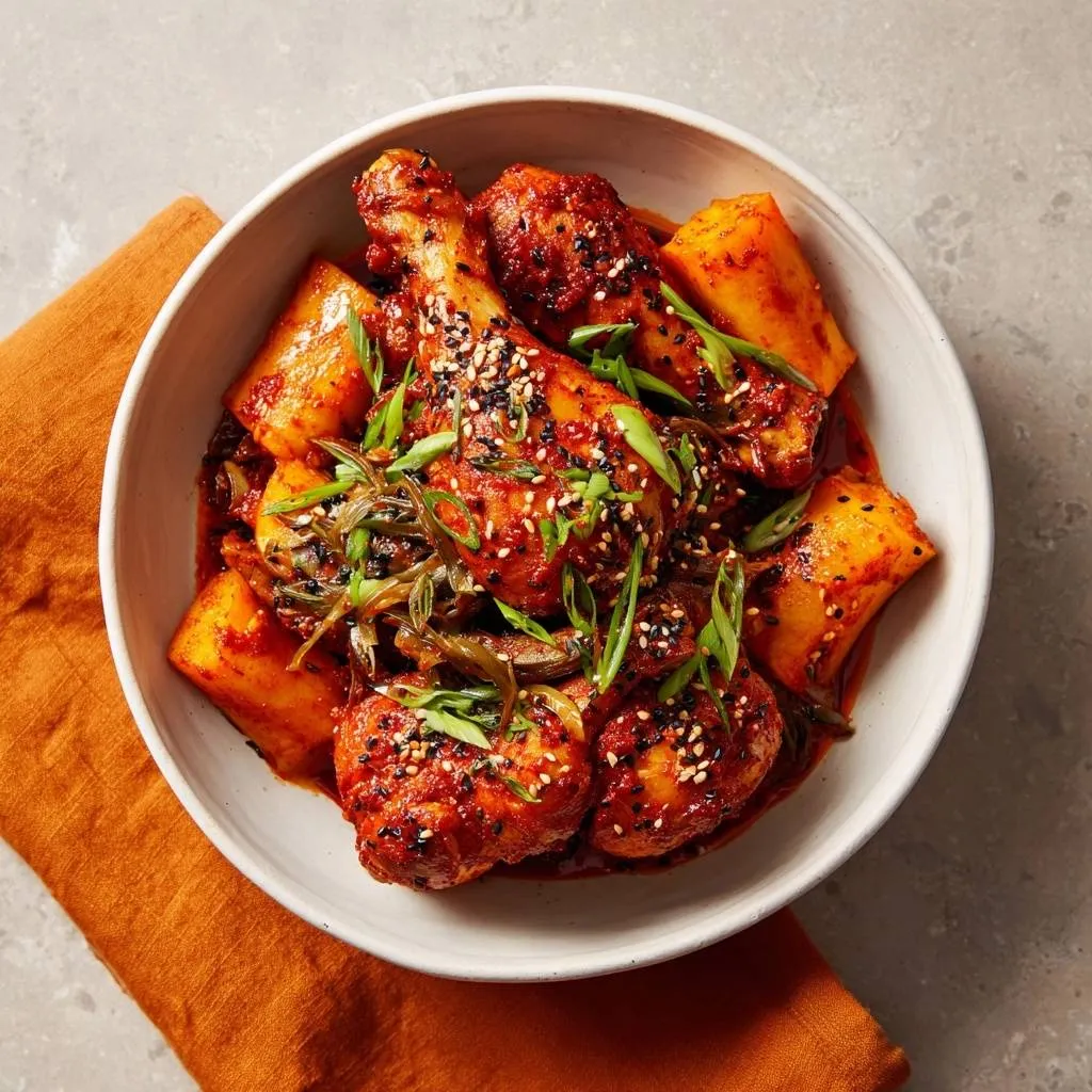 Spicy Korean braised chicken (Dakdoritang) served in a white bowl, garnished with sesame seeds and green onions.