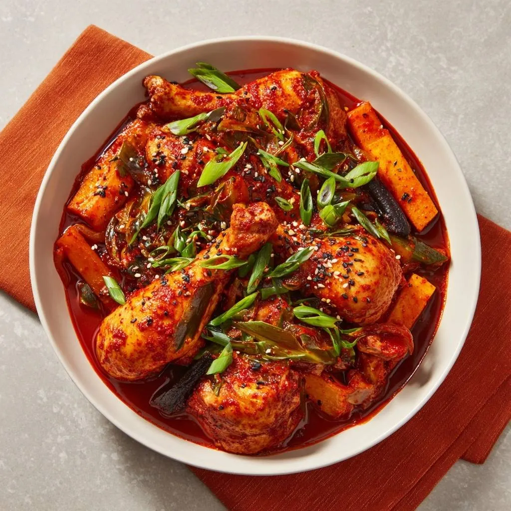 Spicy Korean braised chicken (Dakdoritang) served in a white bowl, garnished with green onions and sesame seeds.
