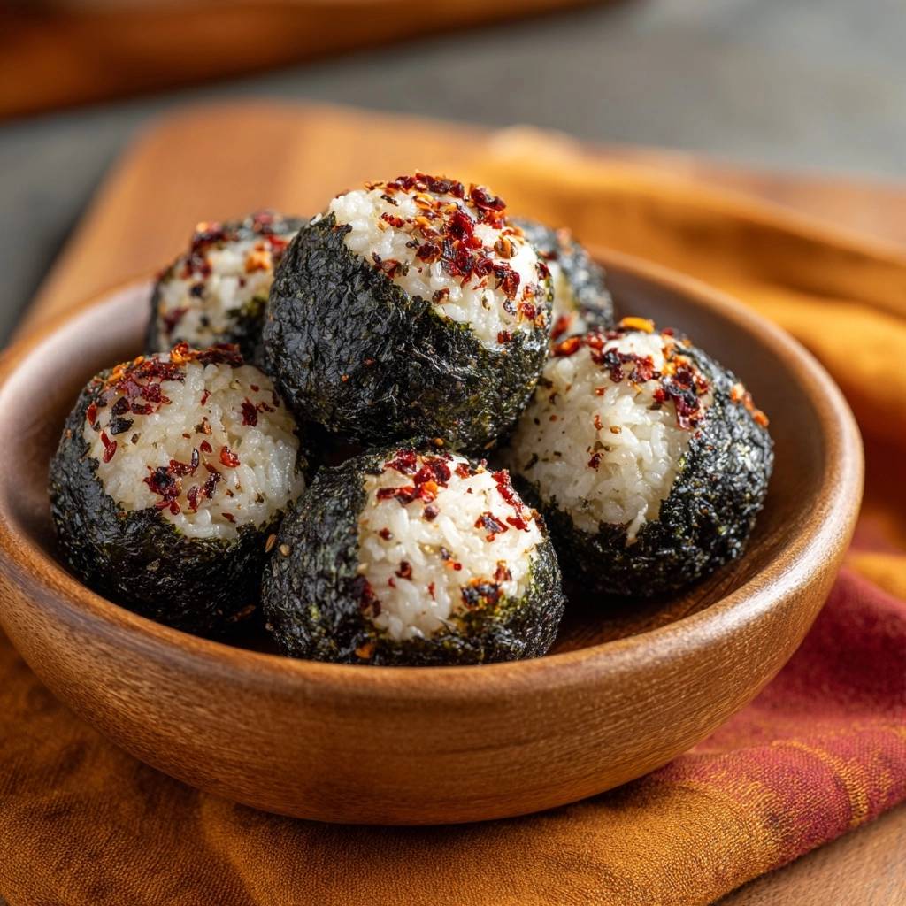 Spicy nori-wrapped rice balls are presented in a wooden bowl, showcasing a close-up view of their texture and toppings.