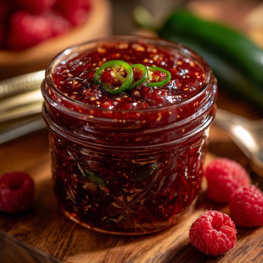 Spicy Raspberry Jalapeno Jam shown in a jar garnished with fresh jalapeno slices and surrounded by raspberries.