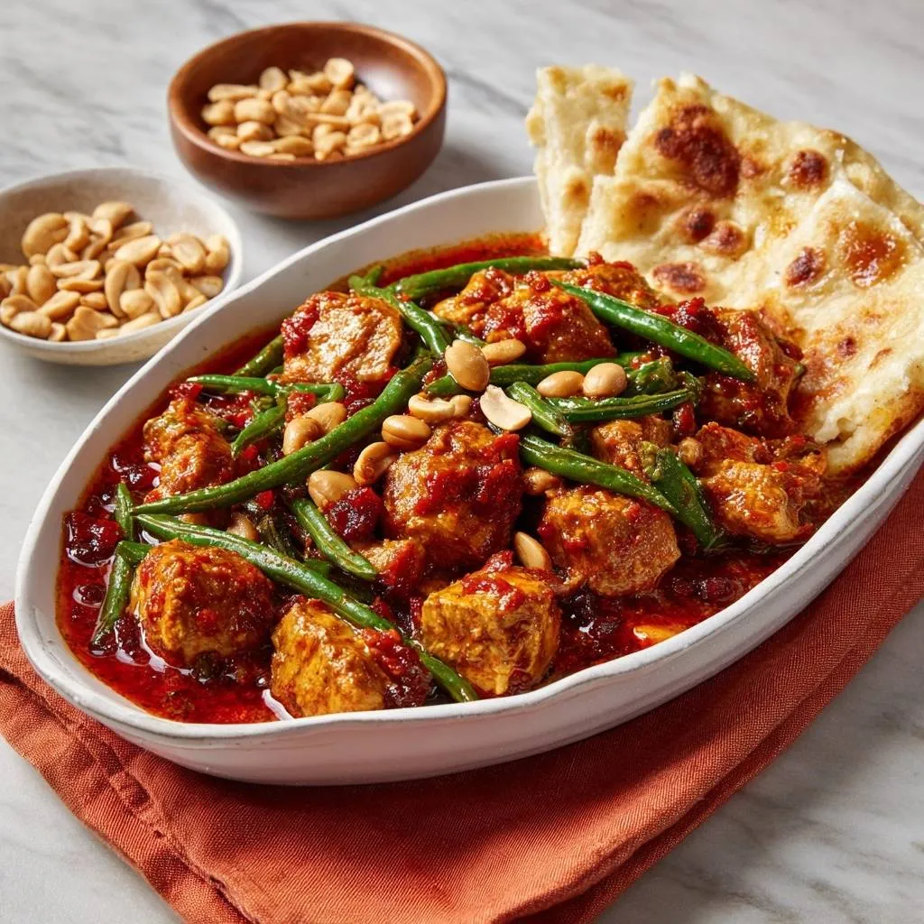 Spicy red curry chicken and green beans served in a white oval dish with naan bread and peanuts