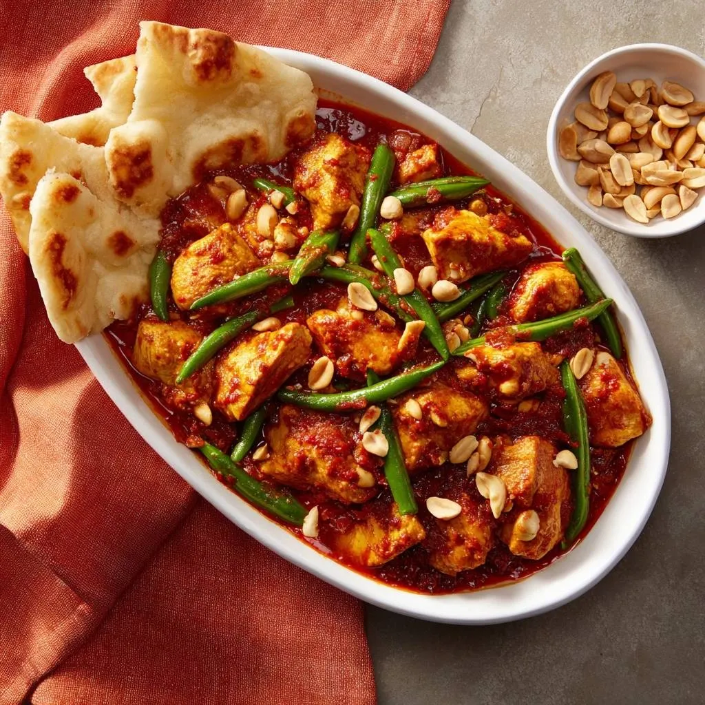 Spicy red curry chicken and green beans served with fluffy naan bread and a side of peanuts.
