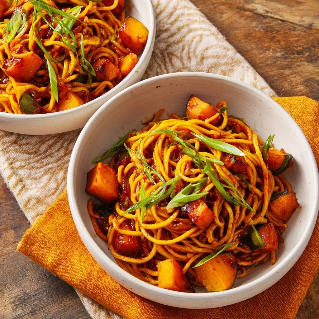 Spicy roasted squash lo mein served in two white bowls and garnished with chopped green onions.