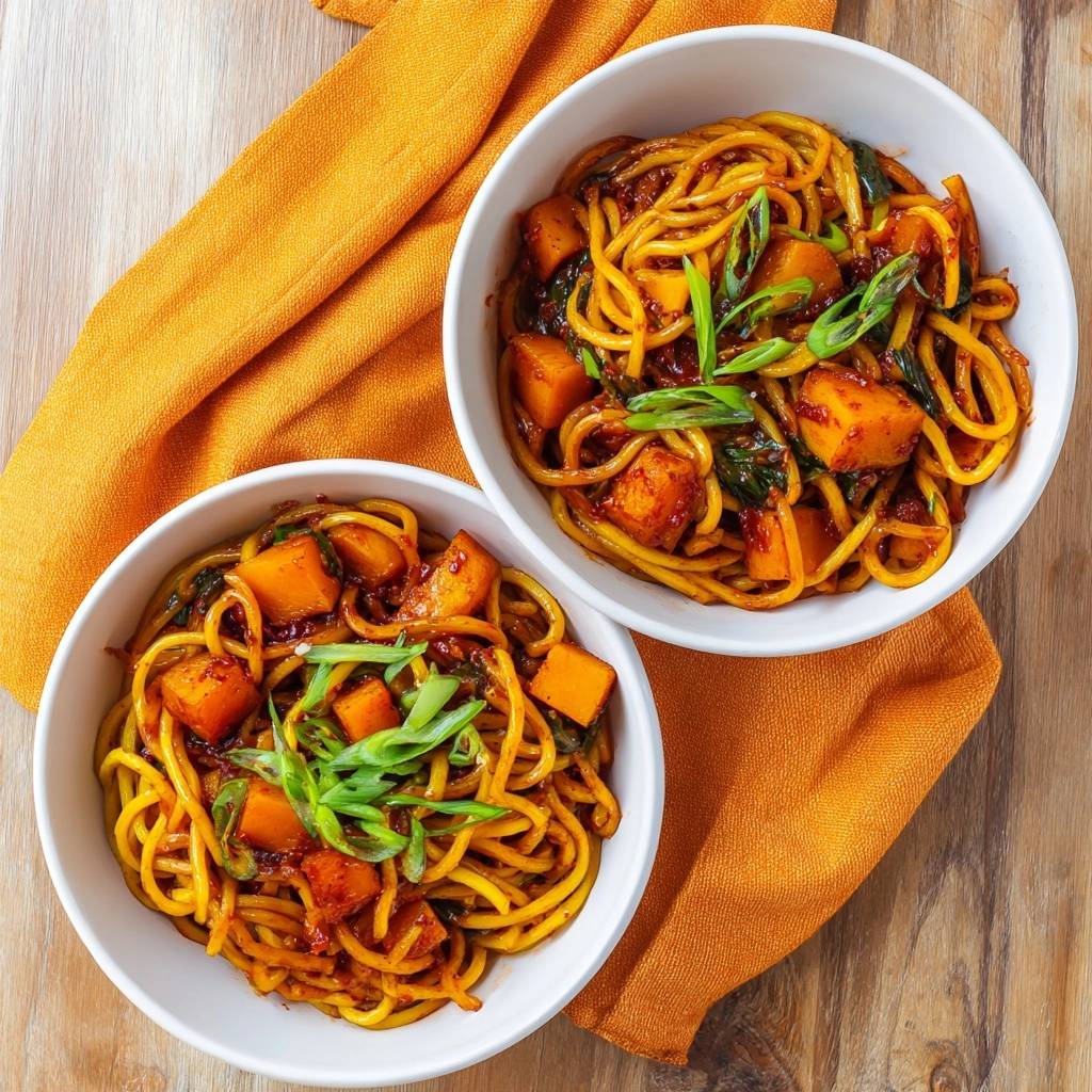 Spicy roasted squash lo mein served in two white bowls from an overhead view, garnished with green onions.