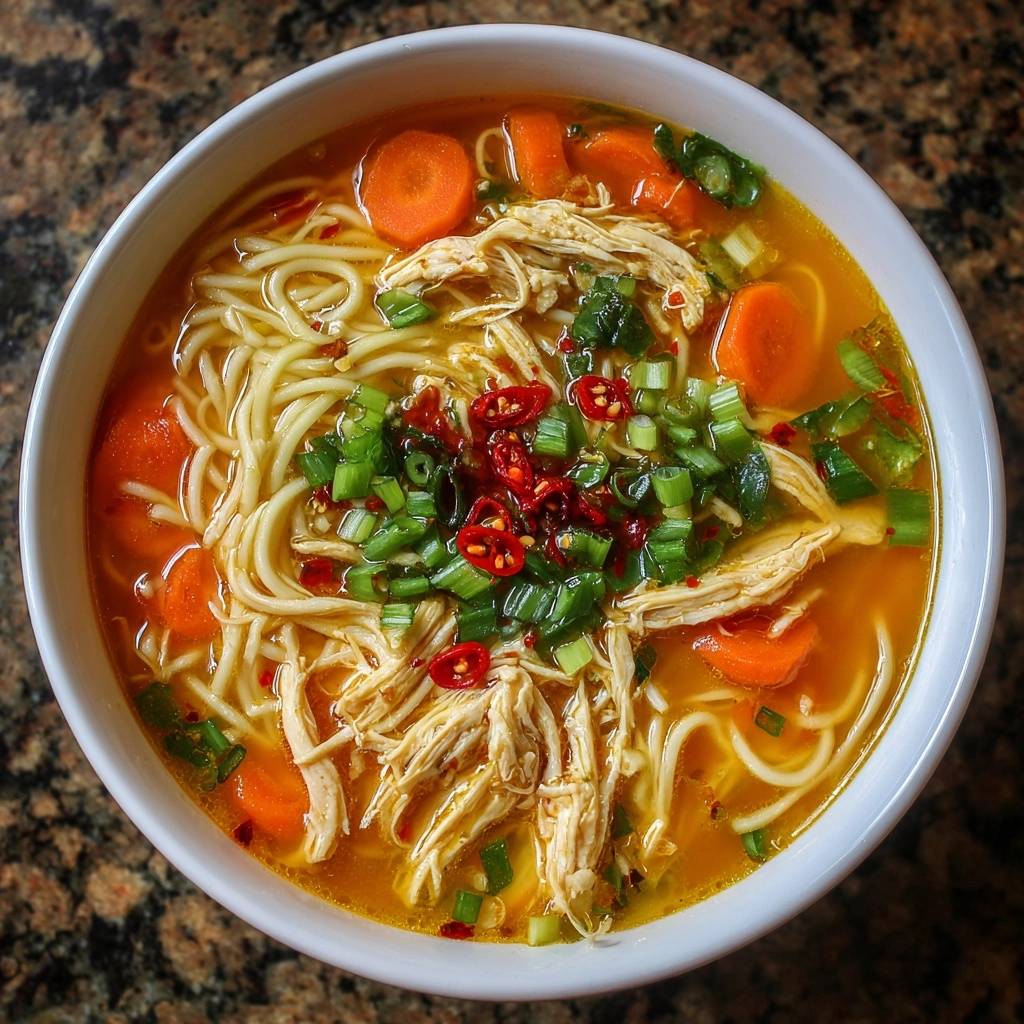 Spicy shredded chicken noodle soup in a white bowl, viewed from directly overhead, showcasing noodles, carrots, and chili garnish.