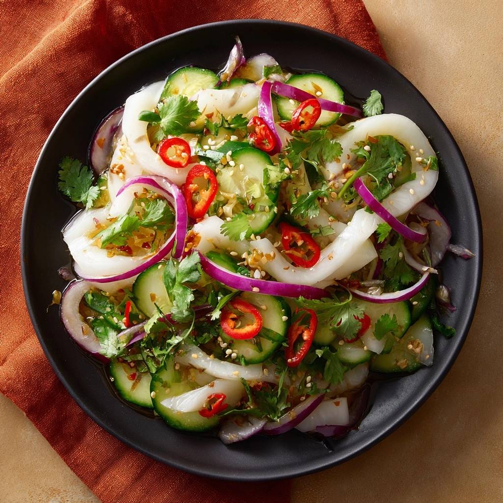 Spicy Thai squid and cucumber salad presented in an overhead view on a black plate with fresh ingredients.