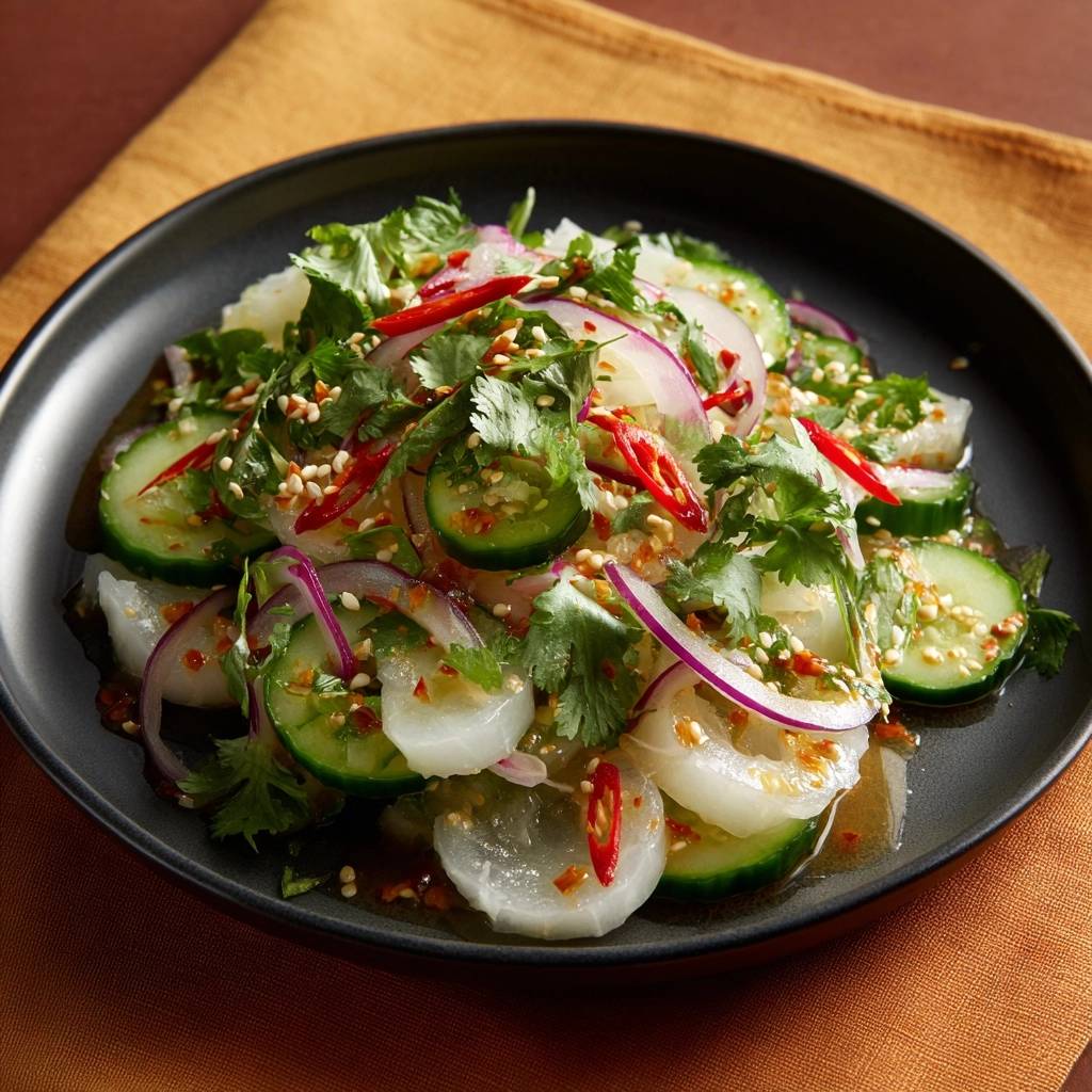Spicy Thai squid and cucumber salad served on a black plate, garnished with cilantro and chili slices.