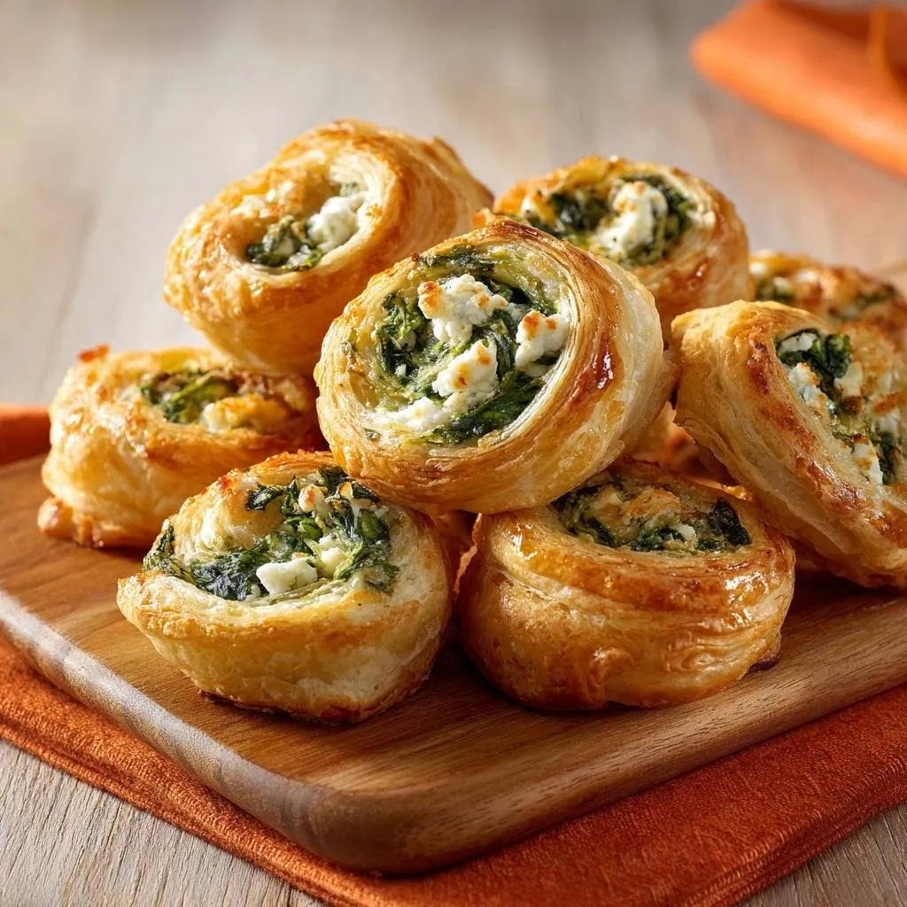 Spinach and feta puff pastry pinwheels are piled on a wooden board, showcasing their golden-brown pastry and fresh filling.
