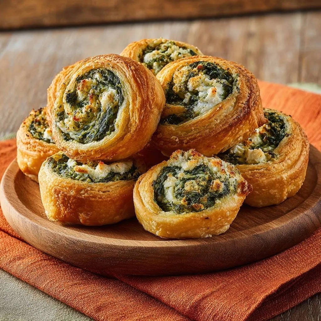 Spinach and feta puff pastry pinwheels are stacked on a wooden plate, showcasing their golden-brown, flaky layers and savory filling.