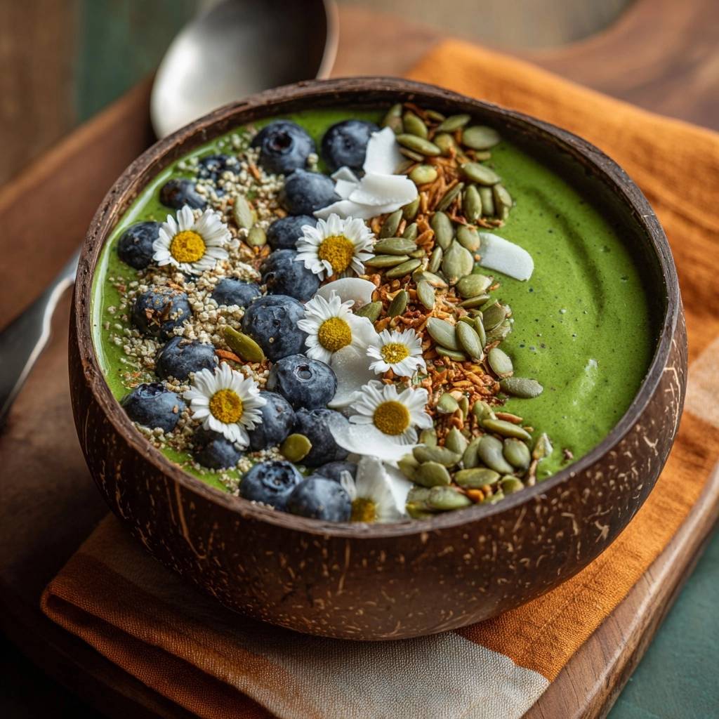 Creamy spirulina smoothie bowl in a coconut bowl, topped with blueberries, granola, pumpkin seeds, and daisy flowers.