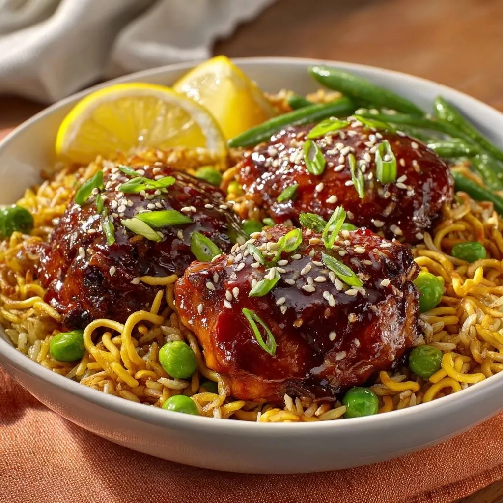 Sticky glazed sesame chicken thighs with crispy skin served in a bowl with noodles, peas, and a lemon wedge garnish.