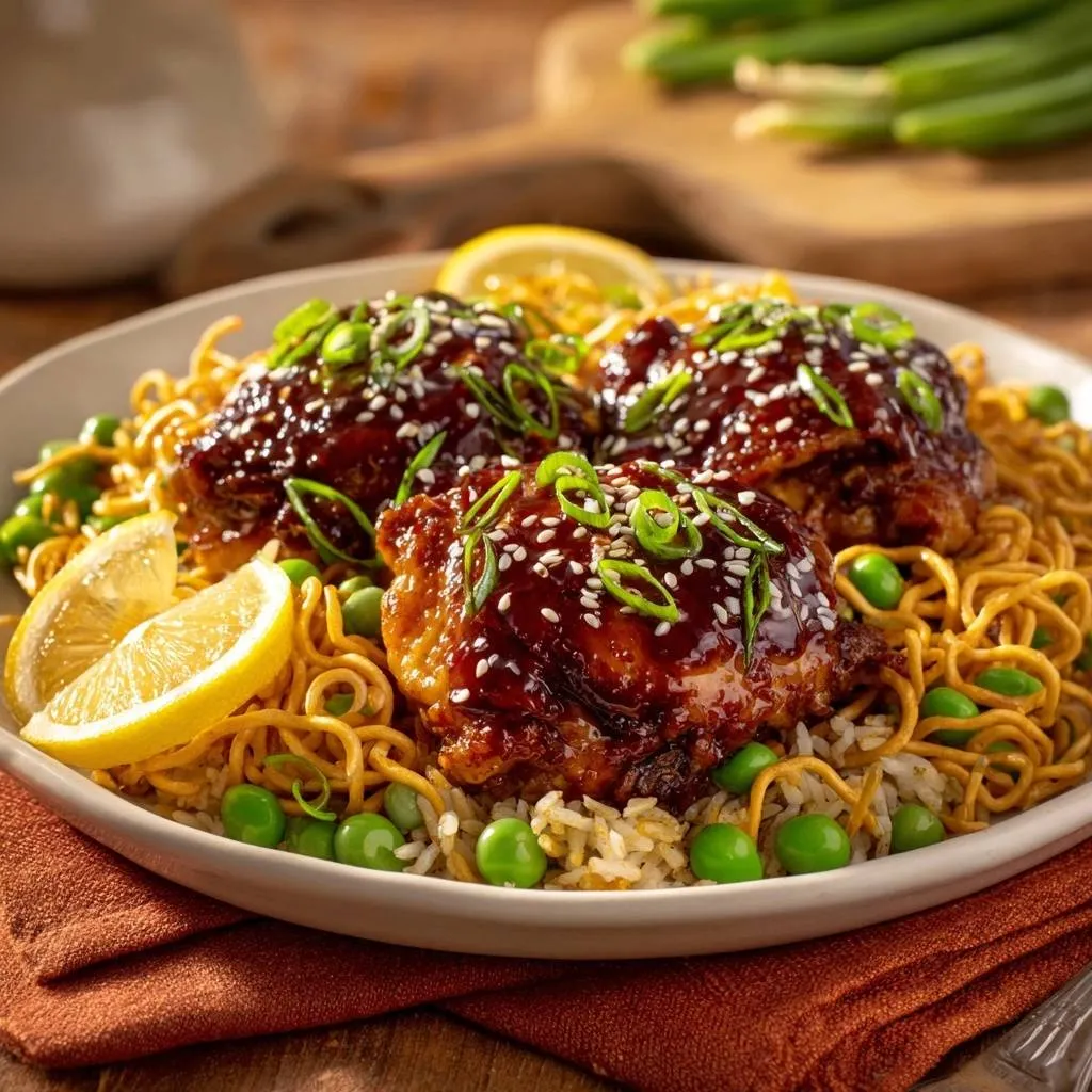 Sticky glazed sesame chicken thighs plated with noodles, peas, and lemon wedges, showcasing a rich sauce and sesame seed topping.