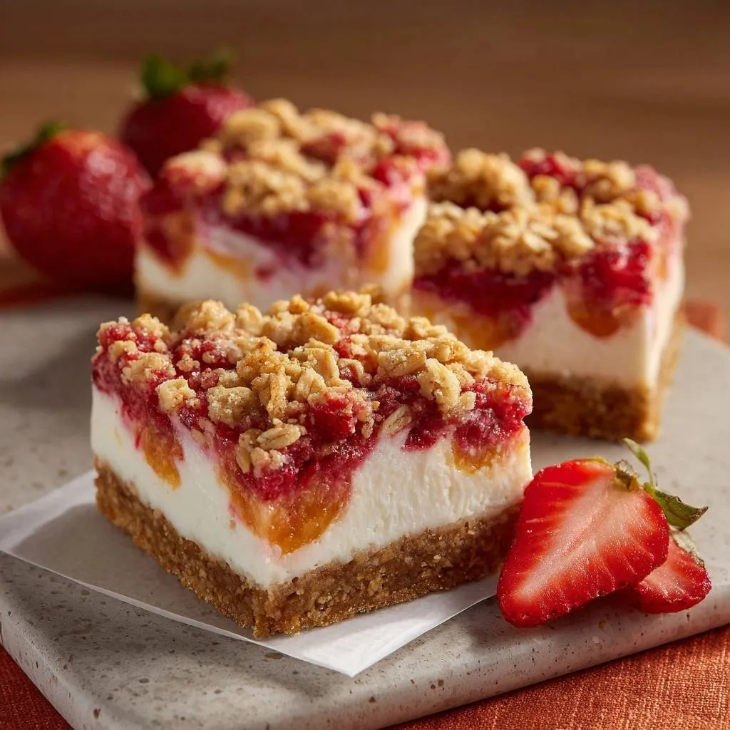 Strawberry cheesecake crumble bars with a crisp crust shown in a close-up cross-section view with fresh strawberries.