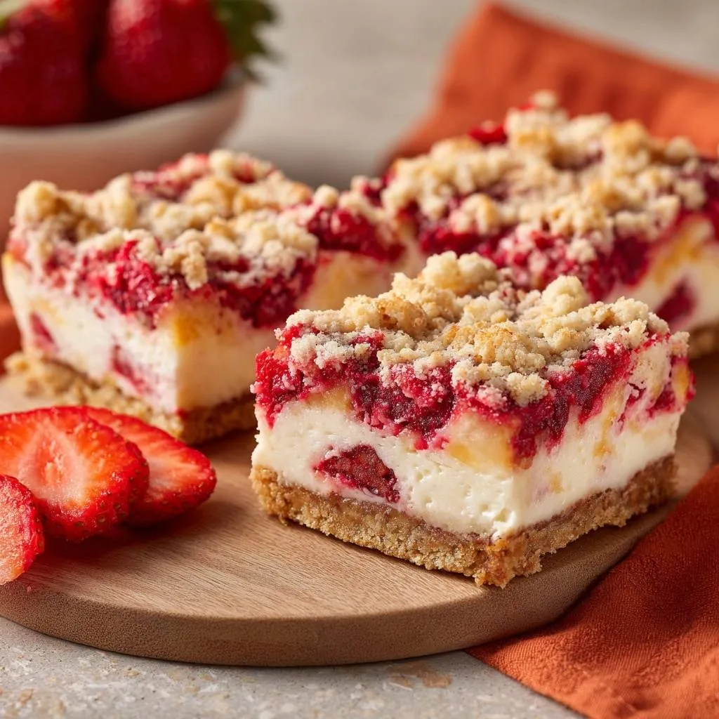 Strawberry cheesecake crumble bars cross-section showing the creamy filling and strawberry pieces on a crisp crust.