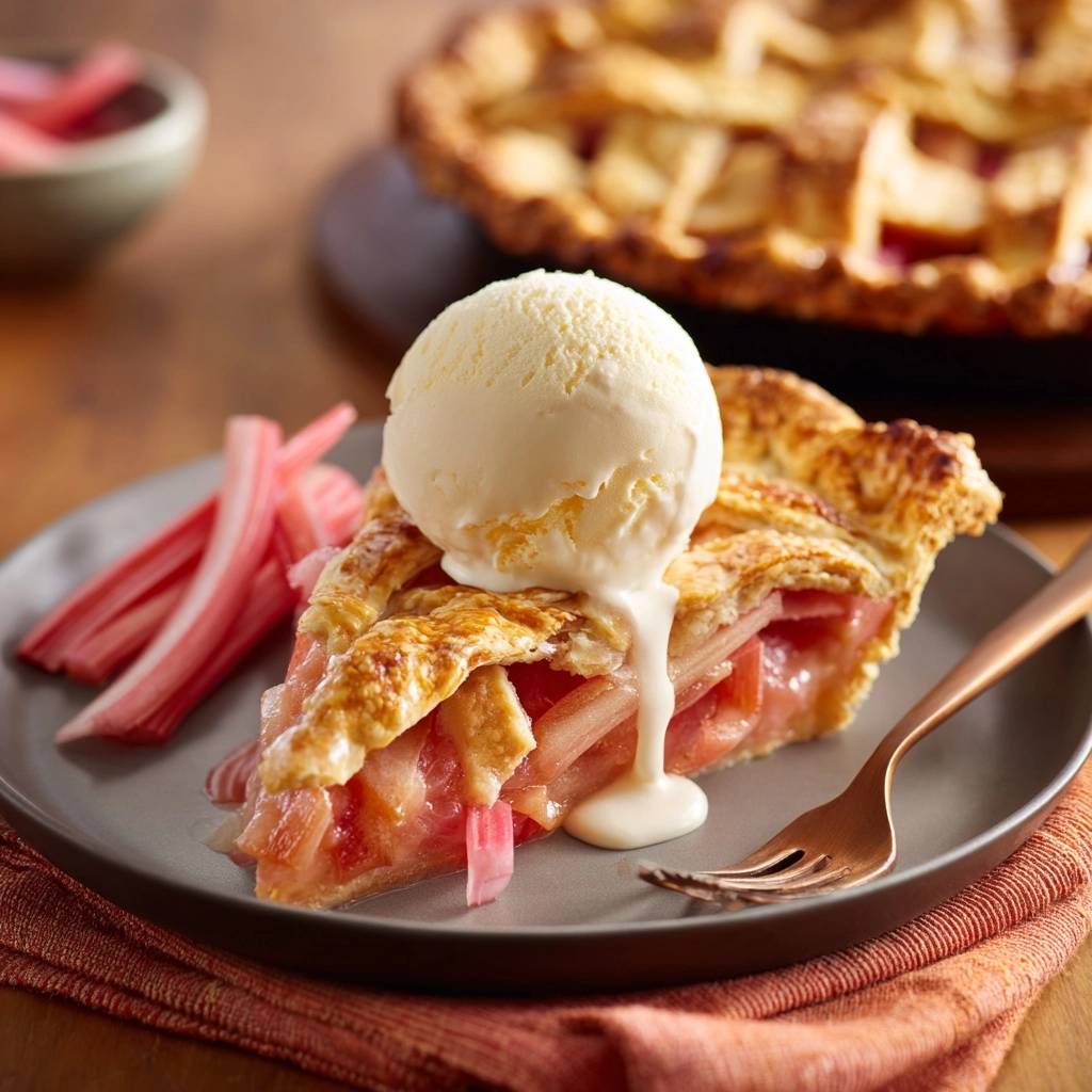 Strawberry rhubarb lattice pie served as a slice with a scoop of vanilla ice cream and fresh rhubarb stalks.