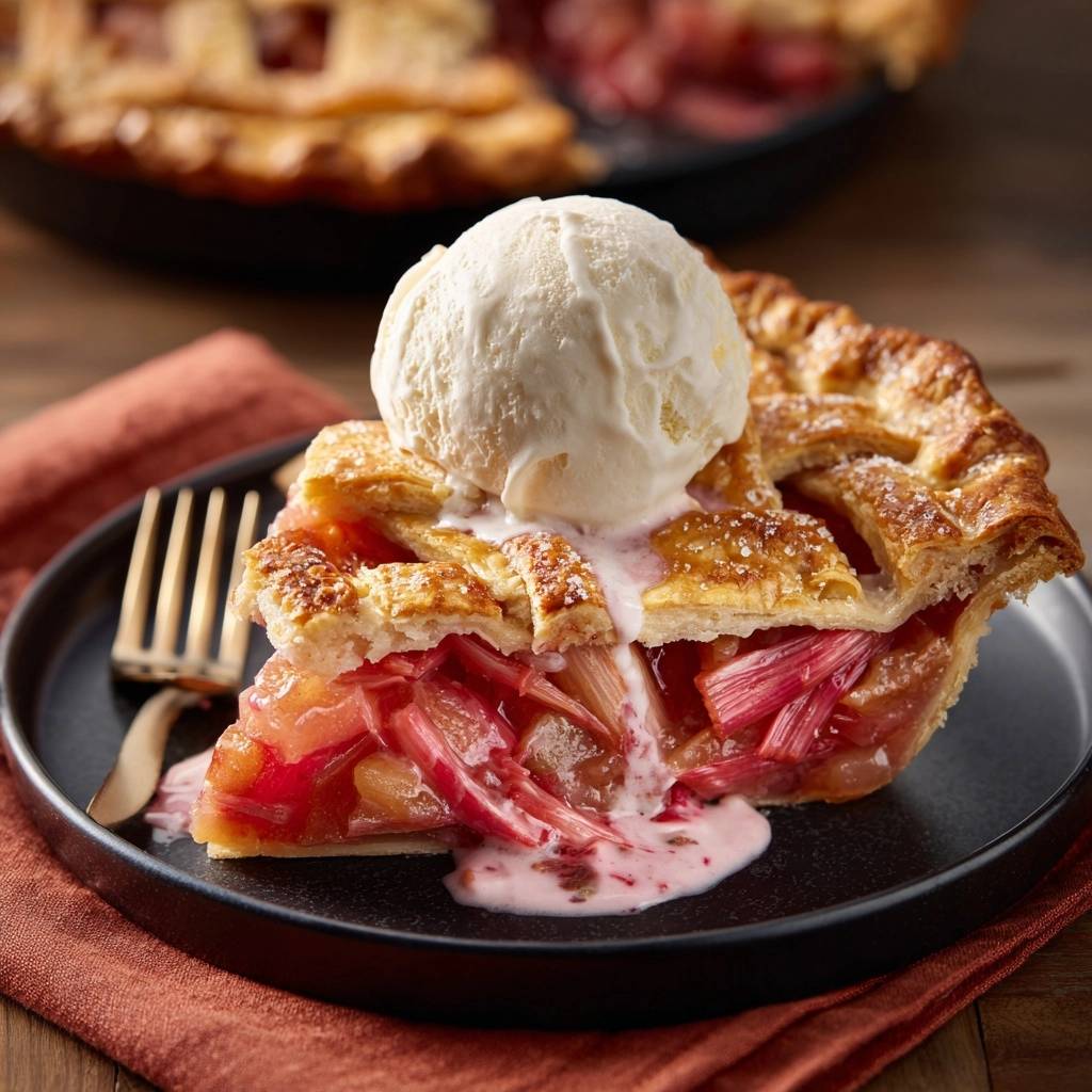 Classic strawberry rhubarb lattice pie slice with melting vanilla ice cream and a fork on a black plate.