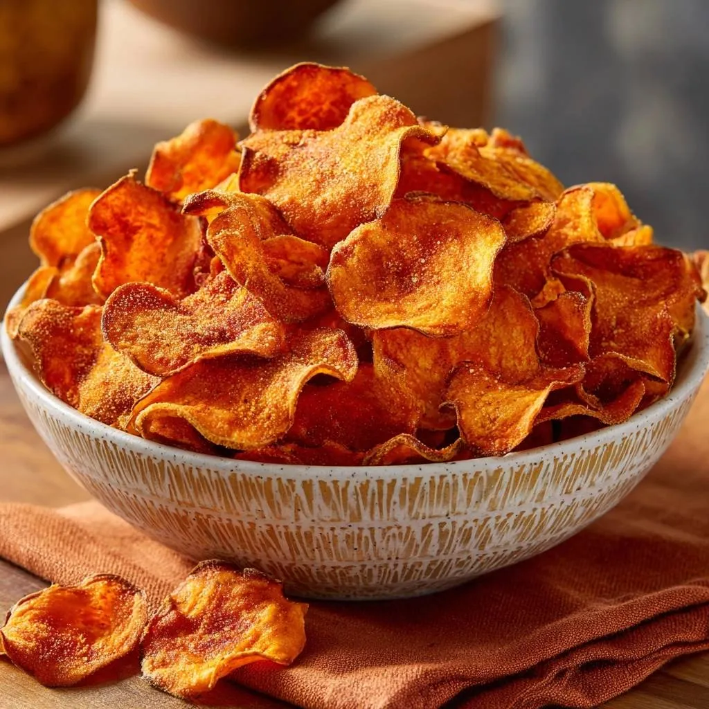 Master crispy kettle-style sweet potato chips piled high in a decorative bowl with a close-up view of their texture.