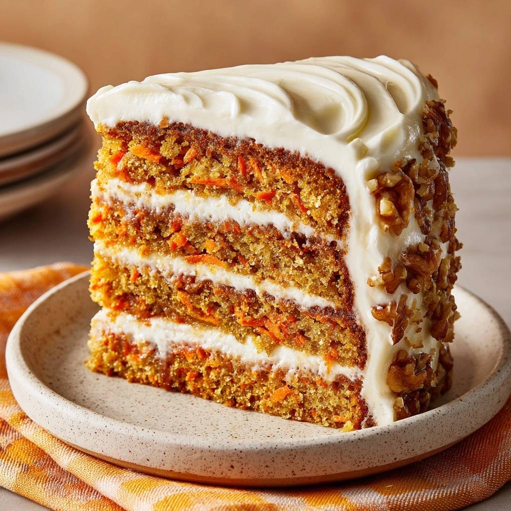 The ultimate three-layer carrot cake shown as a detailed cross-section slice with cream cheese frosting and walnuts.