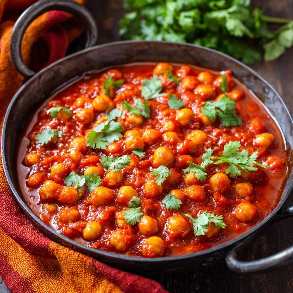 Rich tomato chickpea curry generously garnished with fresh cilantro in a rustic metal bowl.