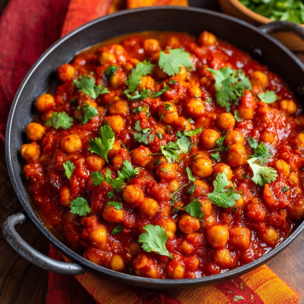 Rich tomato chickpea curry in a dark bowl, garnished with fresh cilantro, viewed from above.