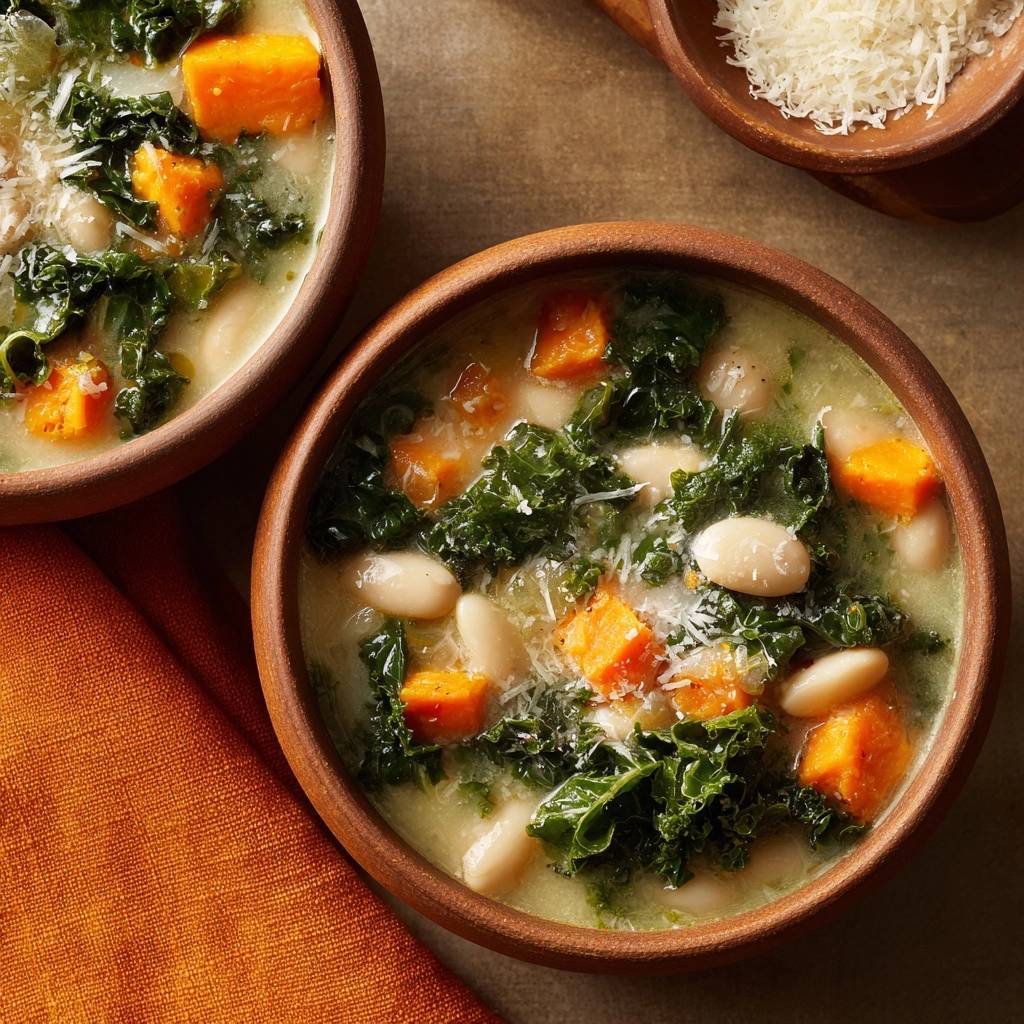 Tuscan white bean and kale soup served in two rustic bowls, showing a close-up view of the ingredients.