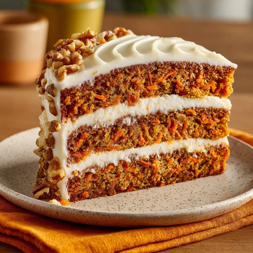 The Ultimate Three-Layer Carrot Cake shown in a close-up cross-section revealing its moist crumb and creamy frosting.