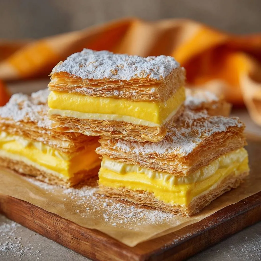 Classic vanilla custard slices stacked, showing a detailed cross-section of flaky pastry and creamy filling.