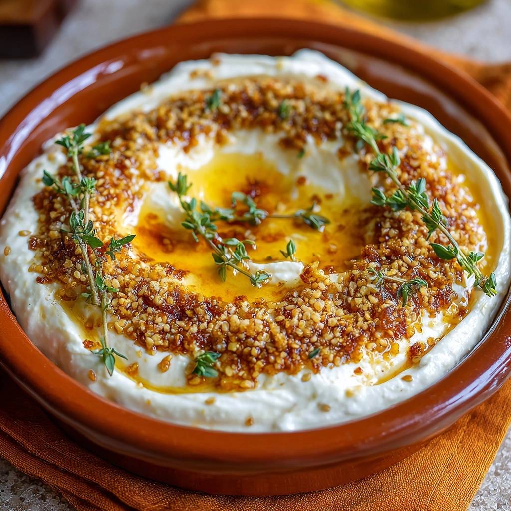 Whipped feta and garlic dip garnished with fresh thyme and a nutty topping, showcasing the golden oil center.