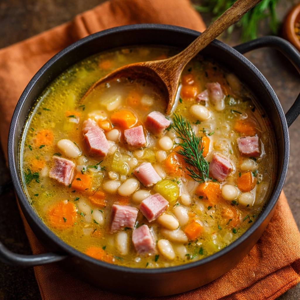 Hearty white bean and ham soup served in a black bowl with a wooden spoon, featuring a close-up view of the ingredients.