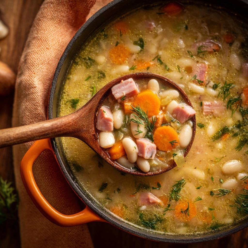 Hearty white bean and ham soup shown in an orange pot with a wooden spoon lifting a spoonful, overhead view.