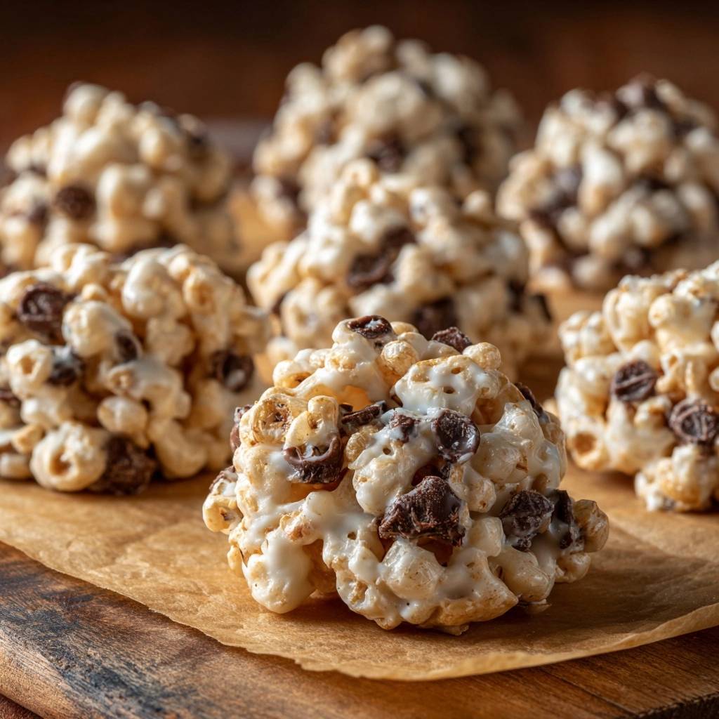 White chocolate chip popcorn clusters showing a close-up detail of the marshmallow and chocolate chip texture.