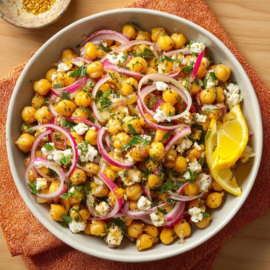 Mediterranean zesty chickpea salad with feta and red onion in a bowl, viewed from above.