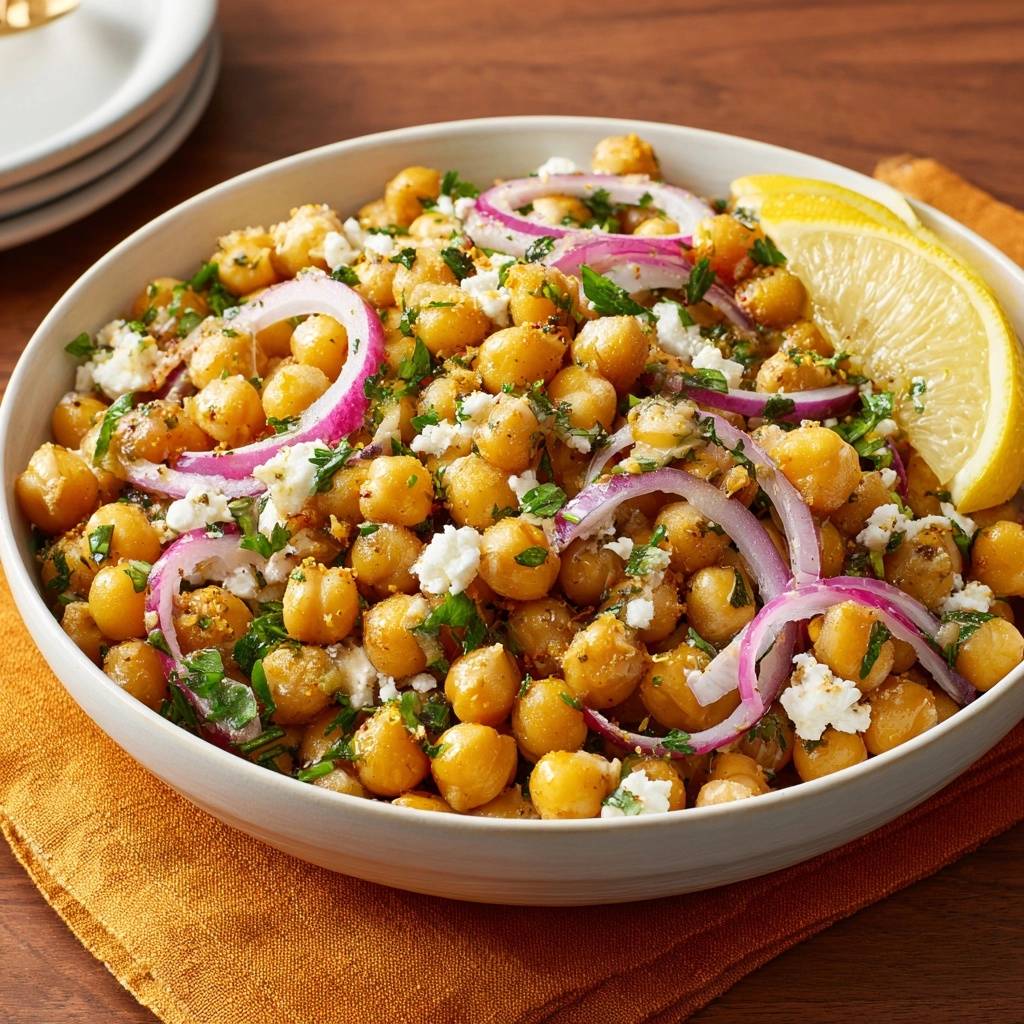 Zesty chickpea salad in a white bowl, topped with red onion, feta, and parsley, with a lemon wedge.