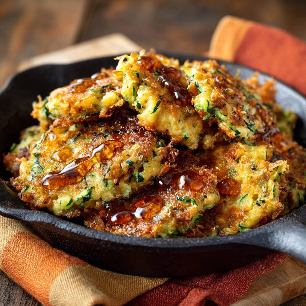 Crispy zucchini fritters drizzled with a glossy glaze, showcasing their golden-brown texture in a cast iron skillet.