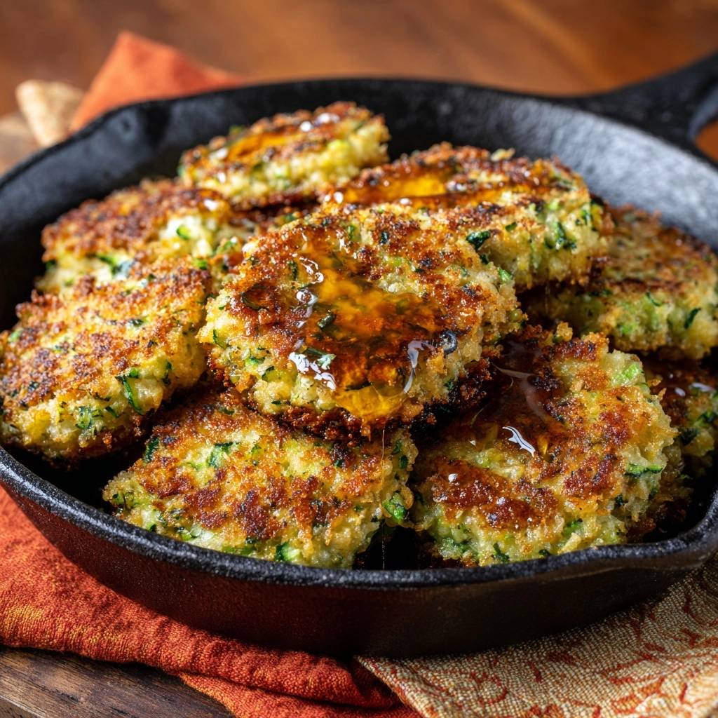 Crispy zucchini fritters drizzled with honey in a cast iron skillet, showcasing their golden-brown exterior.